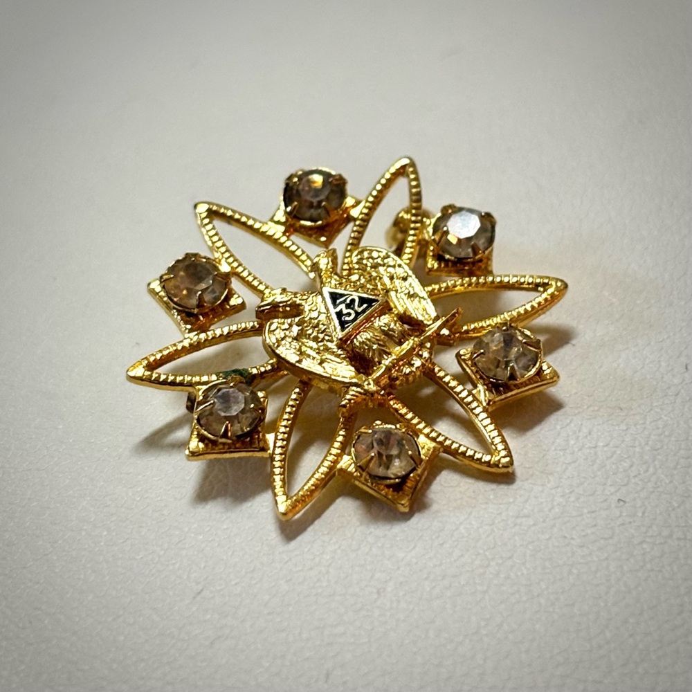 Vintage Scottish Rite 32nd Degree Gold and Rhinestone Double Eagle Brooch Pin - Picture 2 of 3